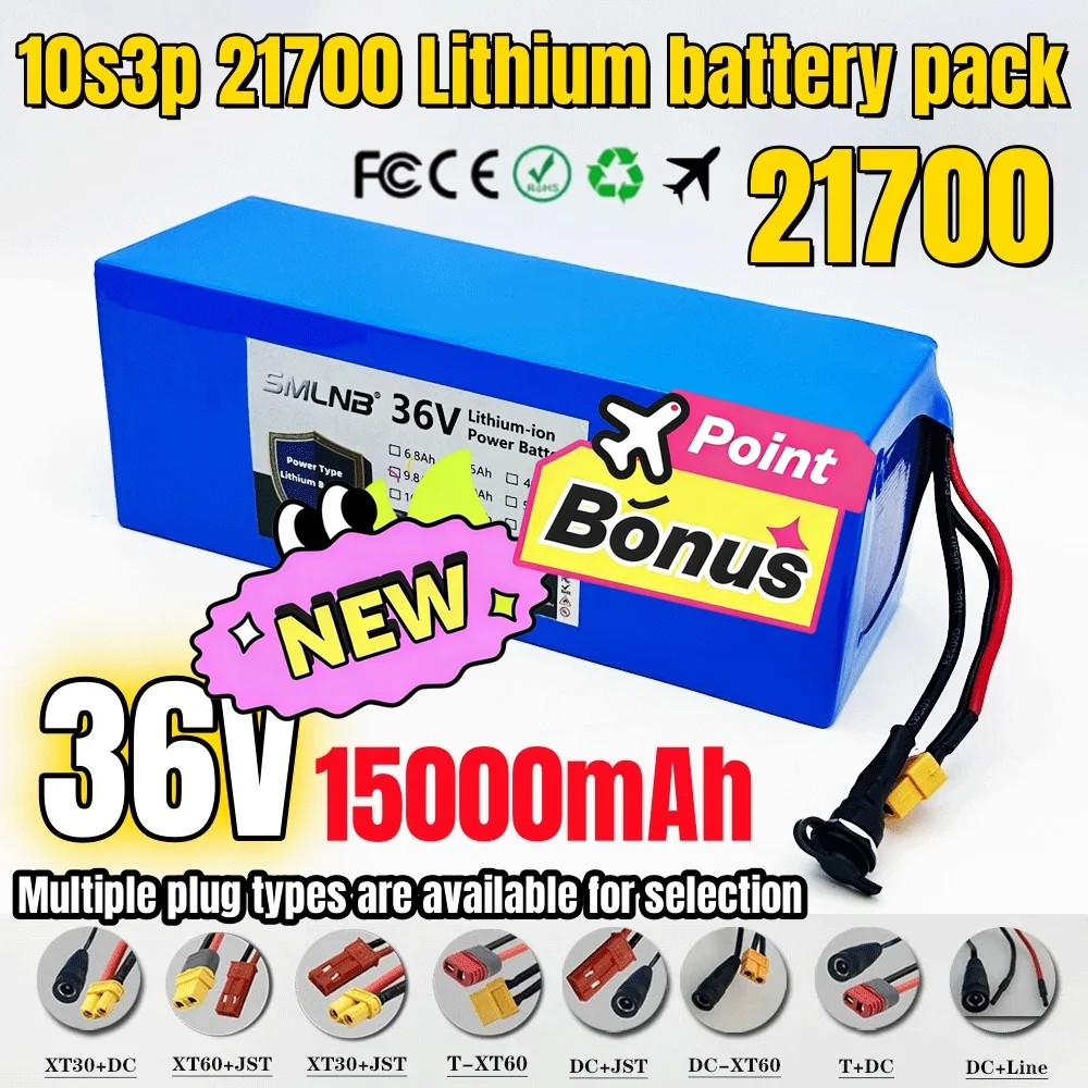 🚧 Bateria de Íon de Lítio 36V 15Ah 10S3P 21700 com BMS de 15A Integrado, para Scooter e Bicicleta de 250W-500W 🧸