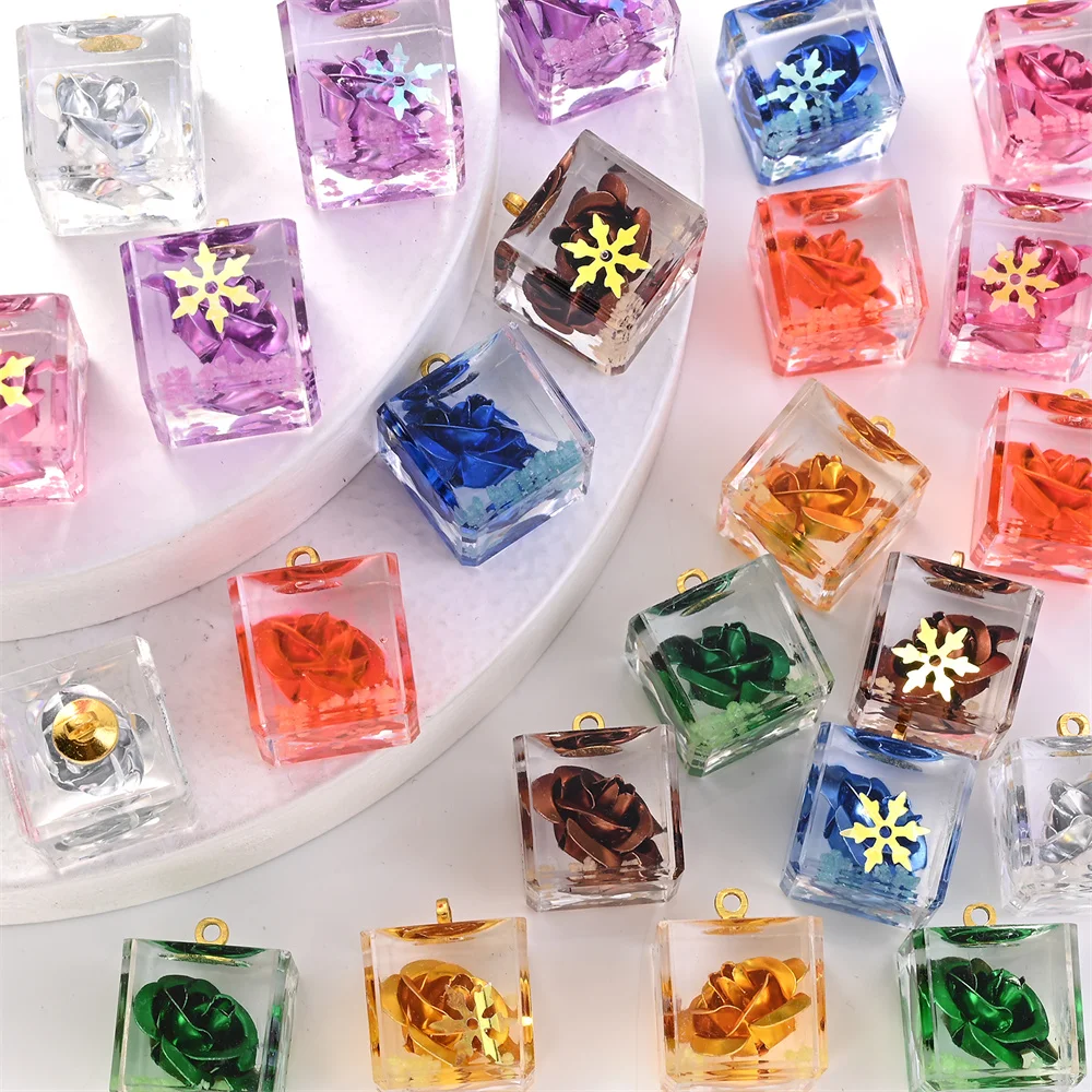5 Stück transparente, quadratische, leuchtende Rosenblüten-Anhänger für DIY-Schmuckherstellung, Bastelarbeiten, Anhänger, Armbänder, Halsketten – Detail 8