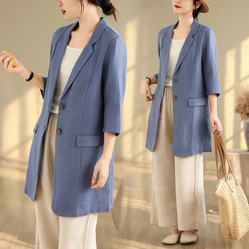 كاجوال Sle قطن كتان ort Sve متوسط الطول للنساء لون أزرق تصميم Blo زر إغلاق لون نقي