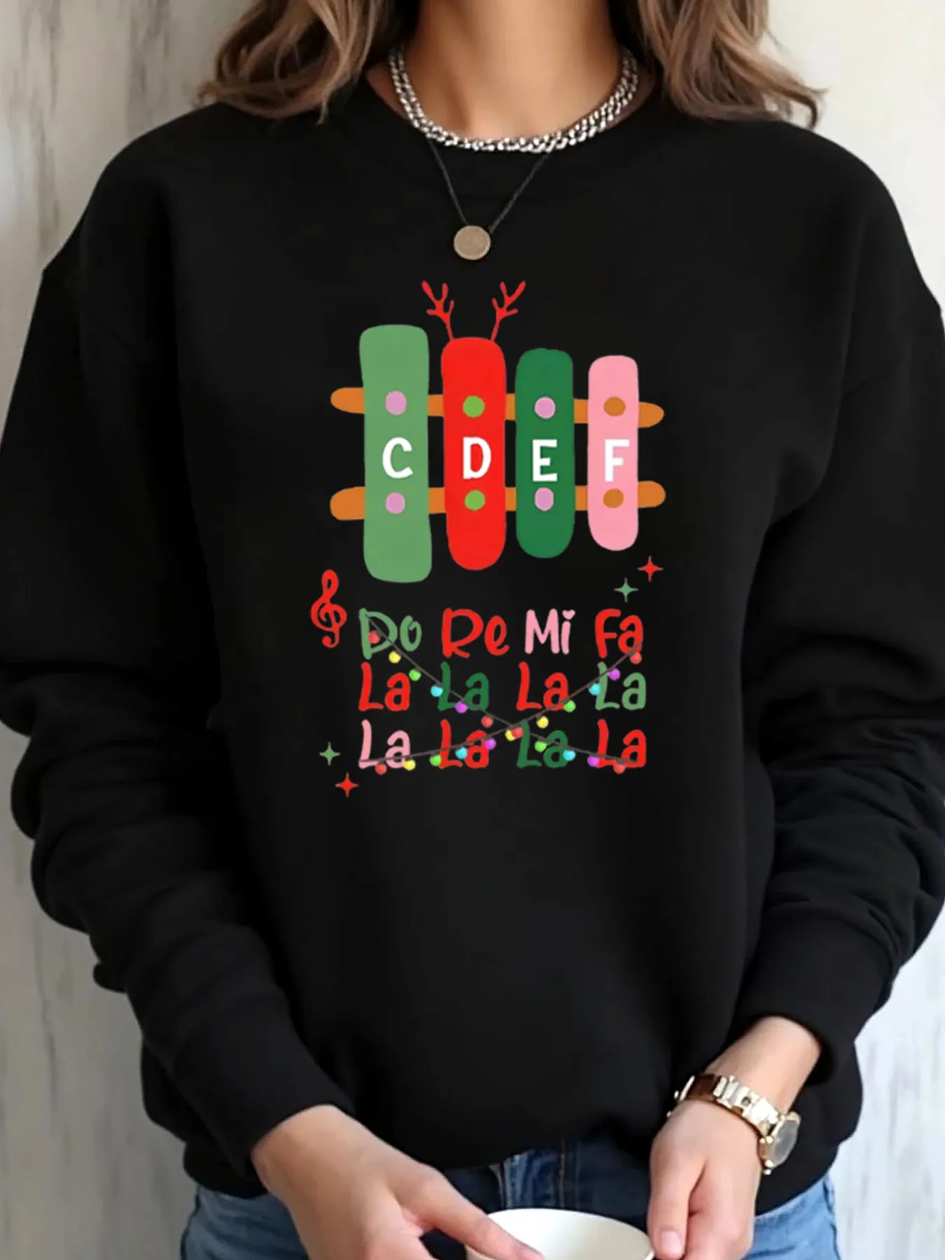 

Women Oversized Sweatshirt Christmas Musical Notes And Lyrics Print Outdoor Wear