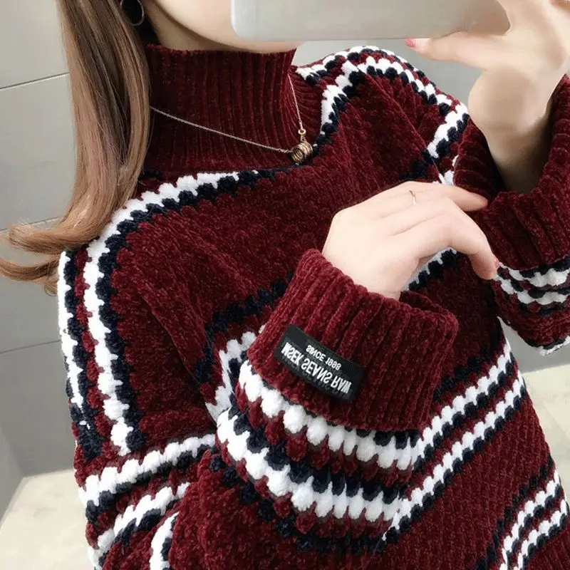 Women Autumn and Winter Korean New Turtleneck Sweater Commuting Fashion Stripes Student Wear Knit Sweater Cozy Long Sleeved Tops