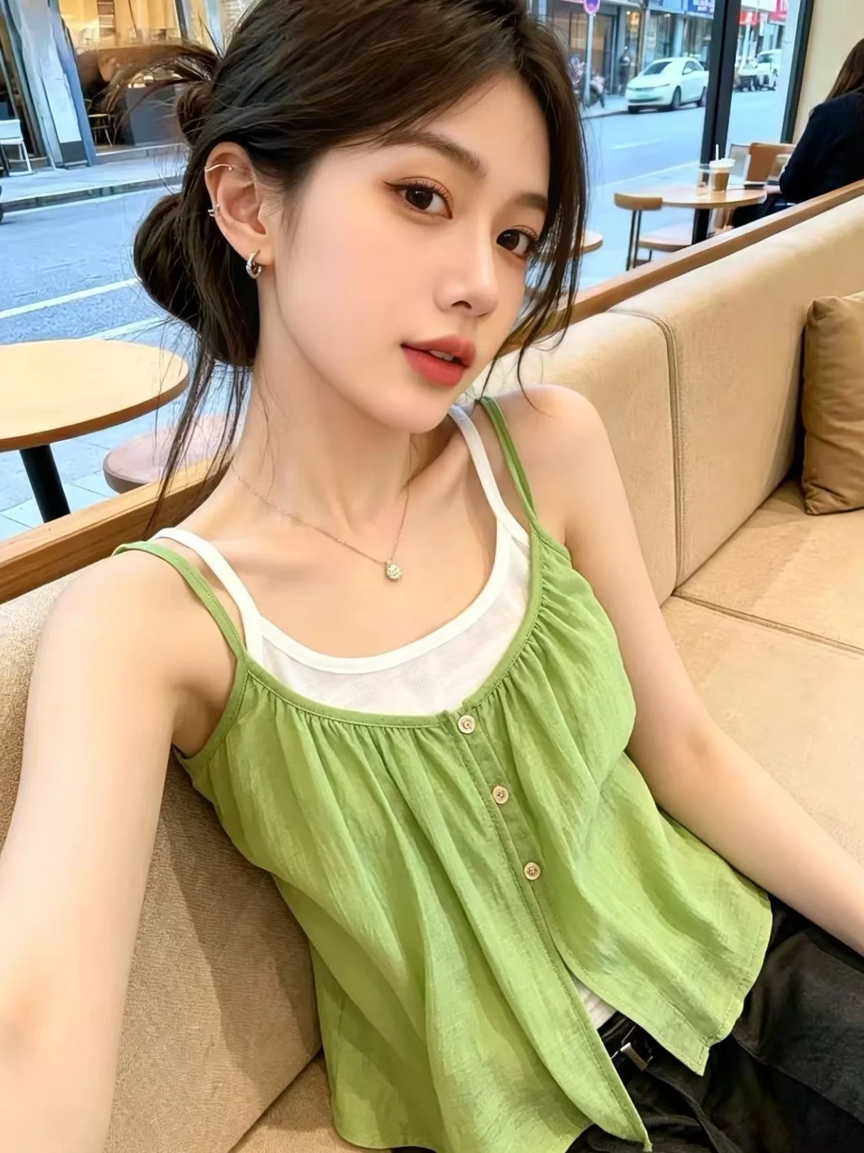 

Green Strap Vest Two-Piece Set Women's Summer New Style Atmosphere Sense Layered Top Korean Version Straight Cut Silk
