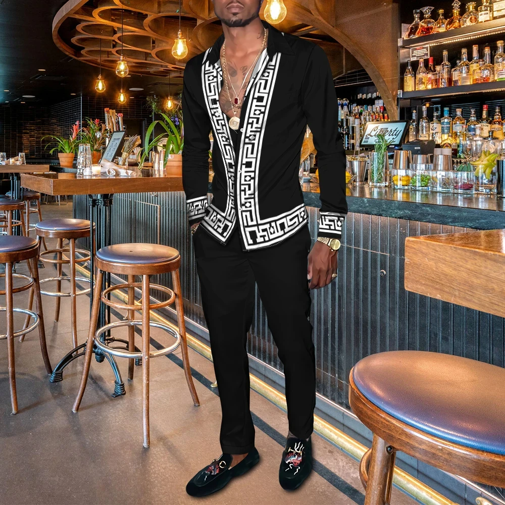 

Мужские рубашки с 3D принтом в стиле ретро Harajuku, модные мужские повседневные дышащие мужские рубашки с длинными рукавами и лацканами, длинные брюки, комплект из 2 предметов