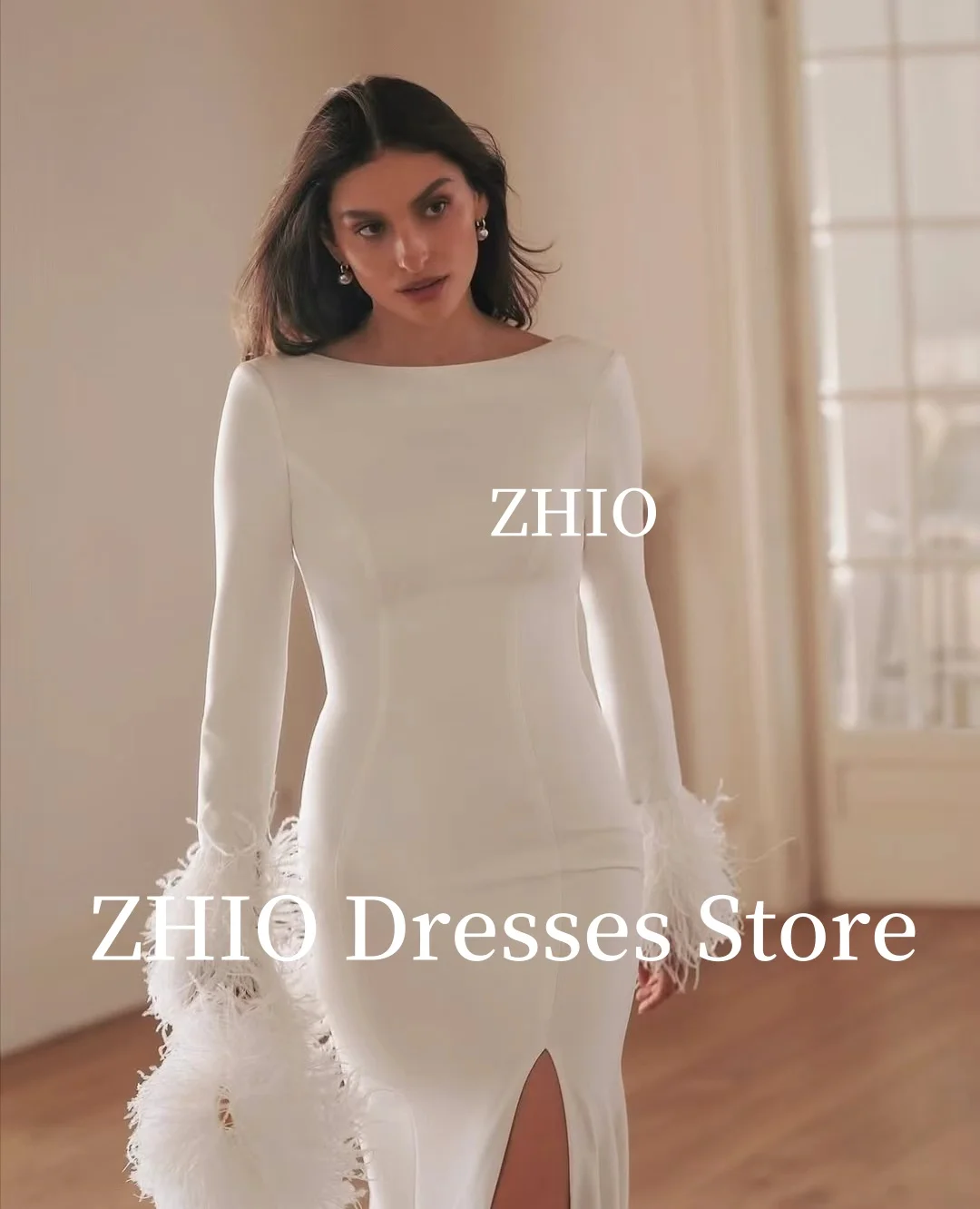 ZHIO Elegant Evening Dress Full Sleeves with Feather Side Slit Mermaid Formal Occasion Dress Prom Party Gown Customized