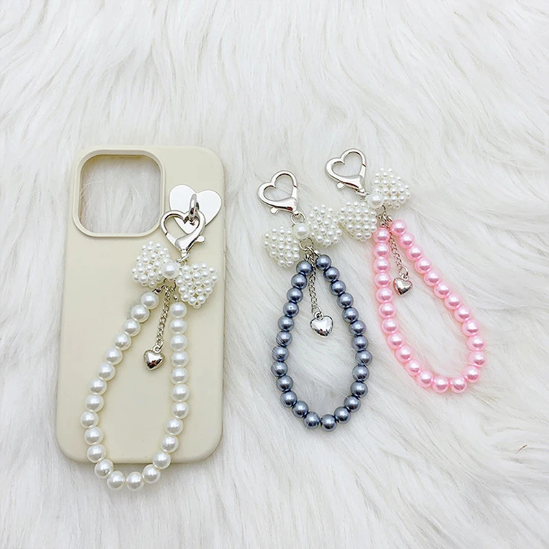 Y2K Fashion Imitation Pearl Bowknot Keyring Korean Bow Beaded Keychain Keycord Bag Pendant Decoration For Girl Gifts