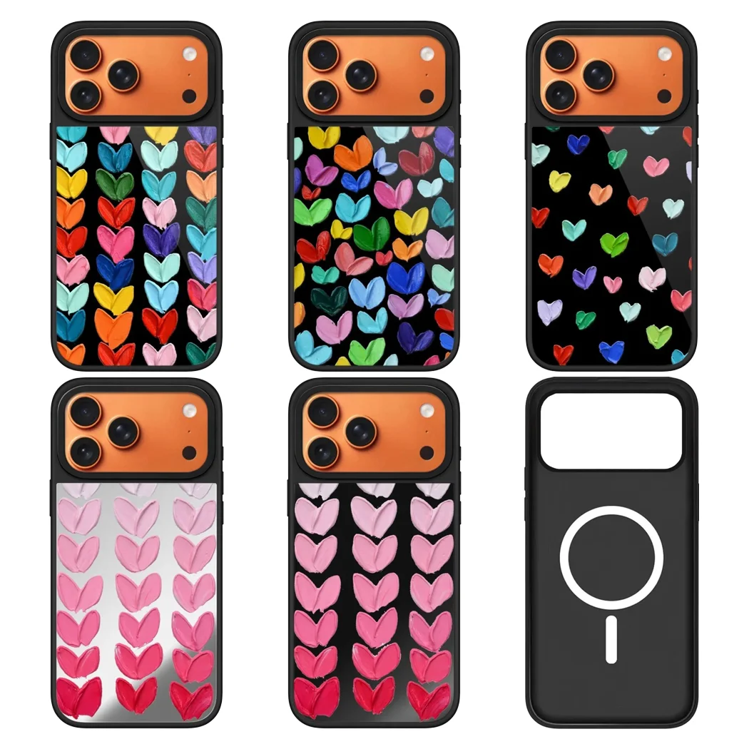 

Multicolor Hearts Black Mirror Surface Magnetic Phone Case Cover for IPhone 12 13 14 15 16 17 Pro Max Case for IPhone 17 Air