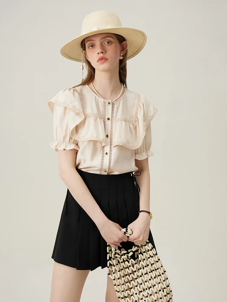 FSLE Exquisite Commuting Ruffle Slim Women Shirt 2024 Summer New Design Lace Hollow Versatile Elegant Female Top 24FS12251