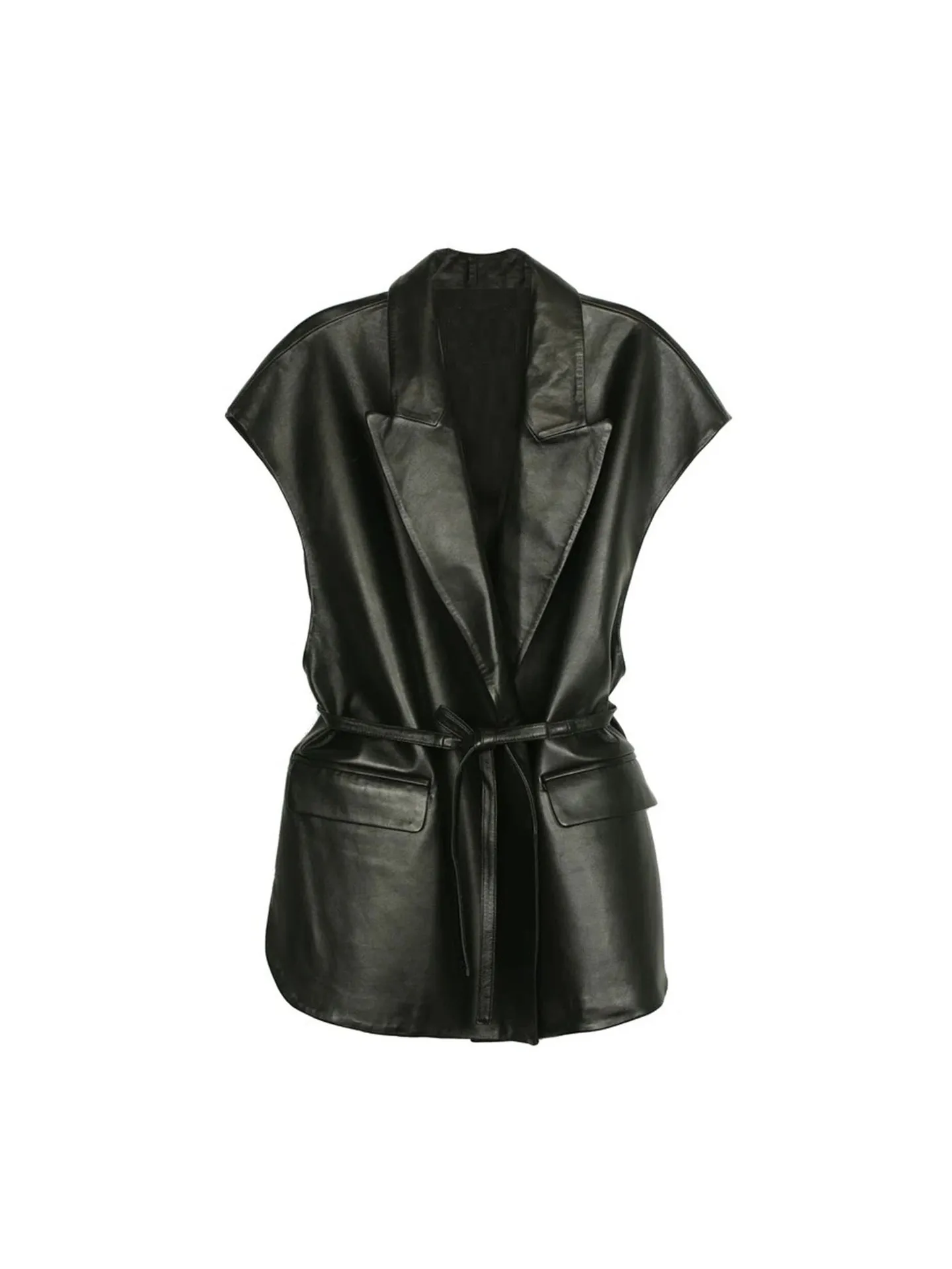 Colletto di abito alla moda e di fascia alta, giacca di pelle senza maniche, allacciatura in vita, doppie tasche, gilet di velluto, gilet, gilet, giacca