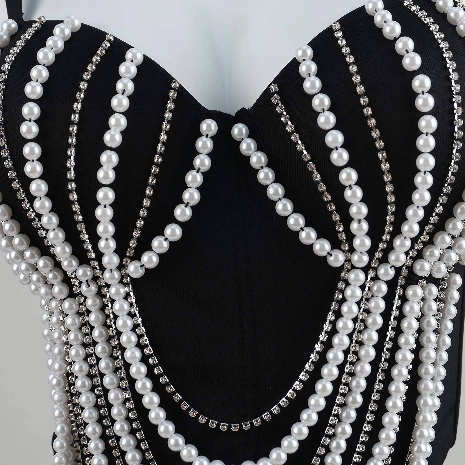 Galaxy Pearls Chain Steel Bone Corset Outer Wear Removable Chain Bustier Top Women Heavy Duty Lace Fishbone Shaping V-Neck
