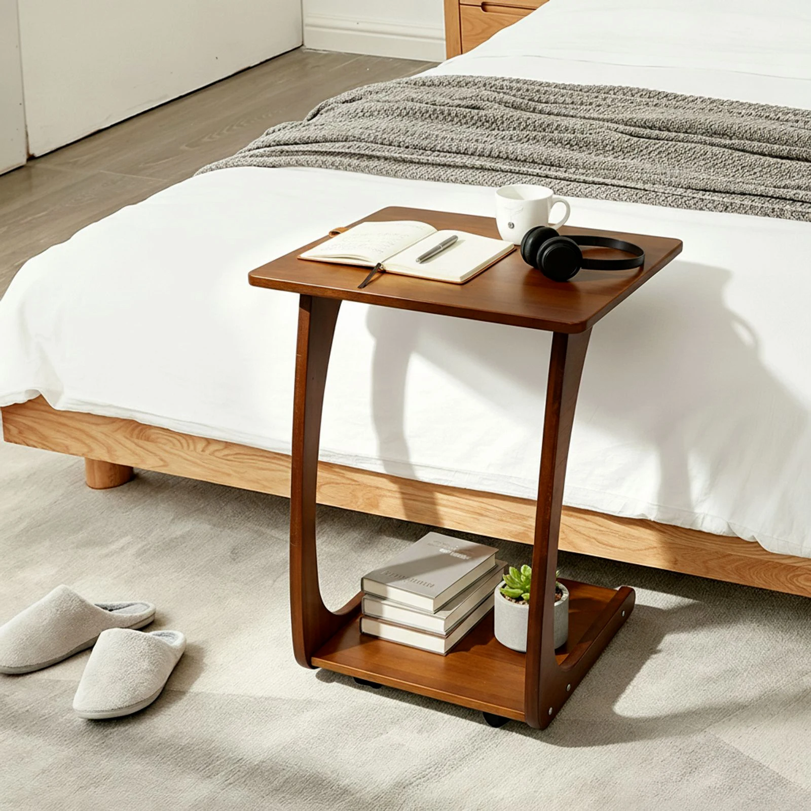 C Shaped End Table 40x46x63cm Portable Side Table with 4 Wheels, Light Walnut Color TV Tray Table Dual-Level Storage for Near Sofas, Beds, TV Stands