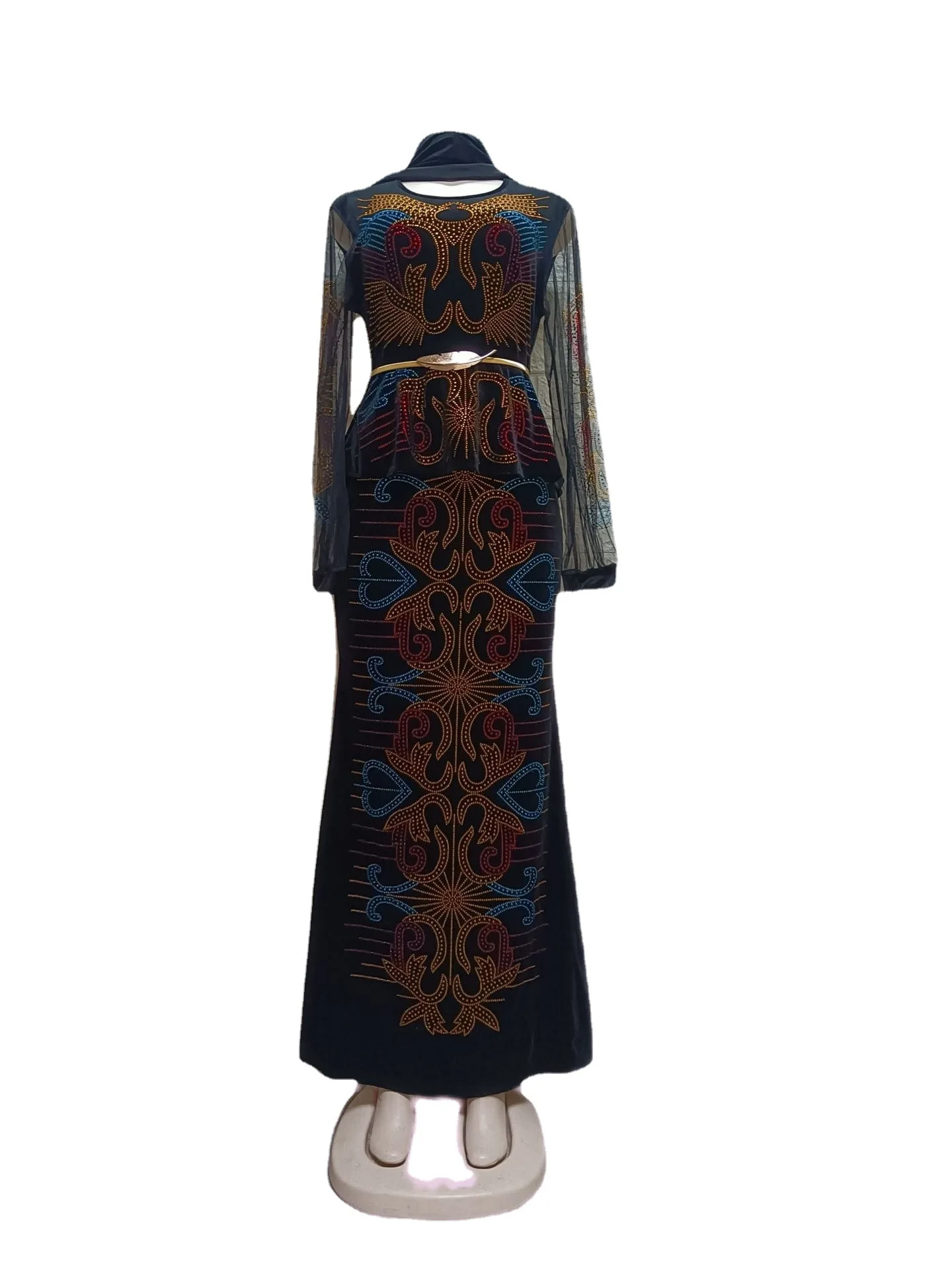 Velvet African Dresses for Women Summer Fashion Style African Women Long Sleeve O-neck Long Dress African Clothes with Headtie