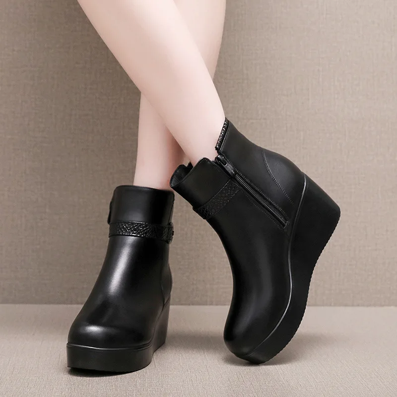 6cm Small Size 32-43 Comfortable Thick Bottom Platform Wedges Shoes Winter 2026 Med Heels Soft Leather Ankle Boots Office Mom