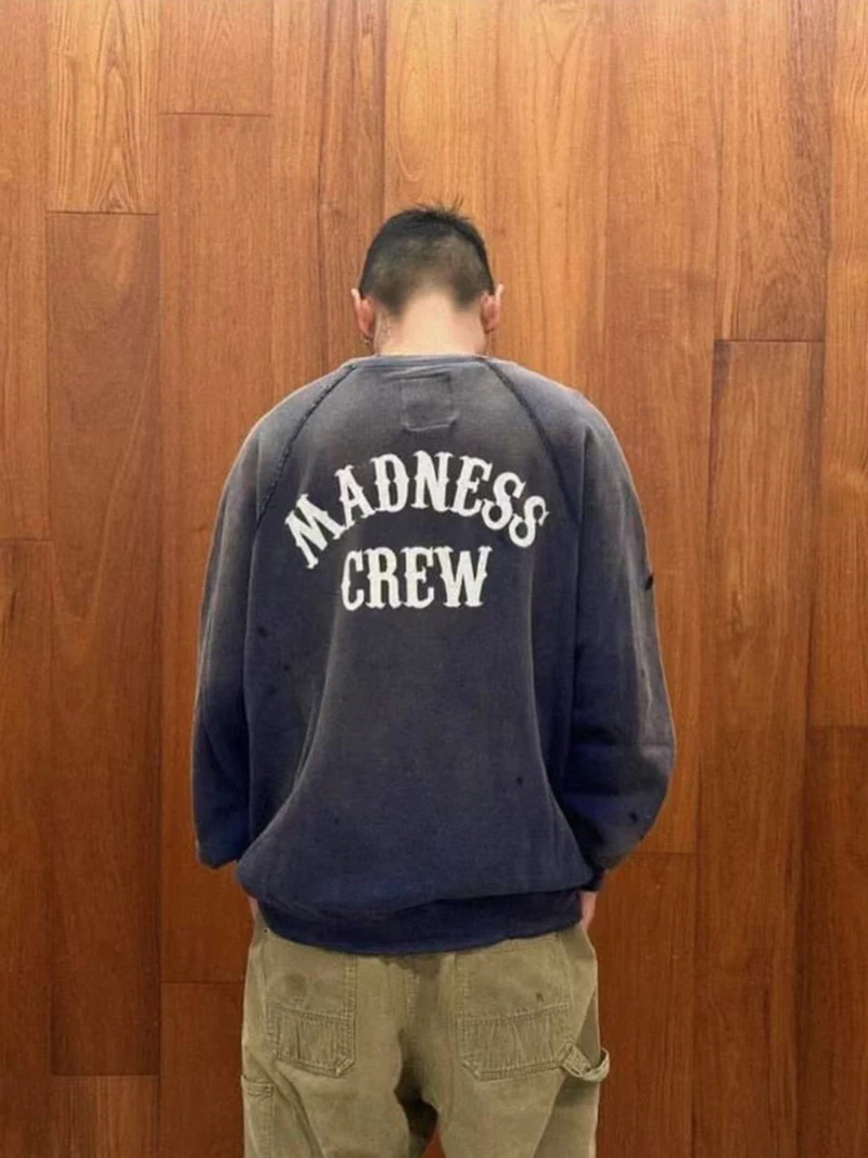 

Heavyweight Waed MADN Vintage Sweatirt Pure Cotton Printed Loose Hoodie Base Layer Trendy Casual Long Sve round Ne
