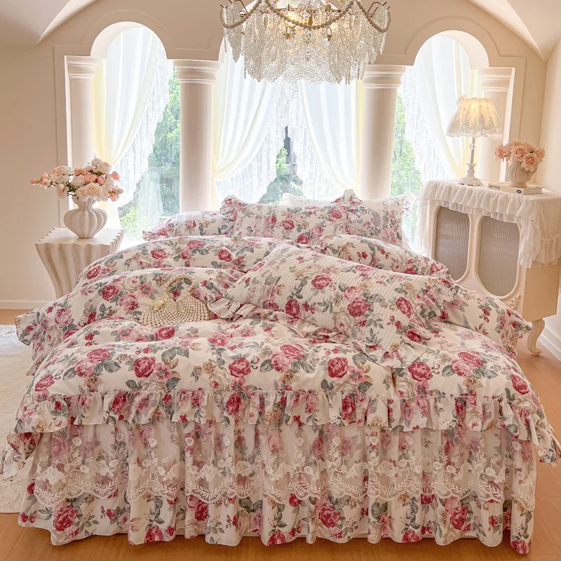 

4/6Pcs Korean Princess Style Rose Flowers Prints Lace Ruffles 100% Cotton Bedding Set Duvet Cover Quilted Bed Skirt Pillowcases