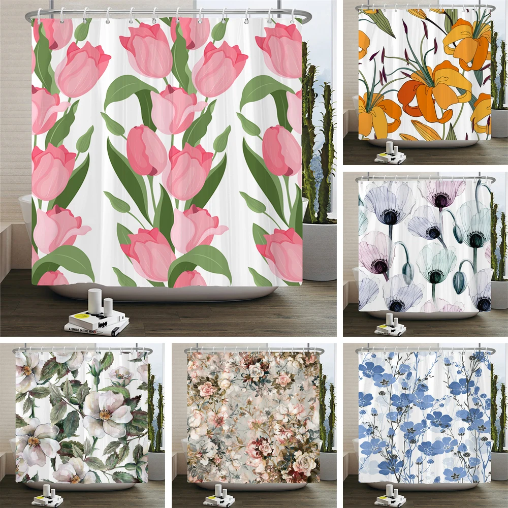 

Beautiful Flowers Shower Curtains Green Leaves Floral Tulip Bath Curtains Waterproof Shower Curtain Bathroom Decor with Hooks