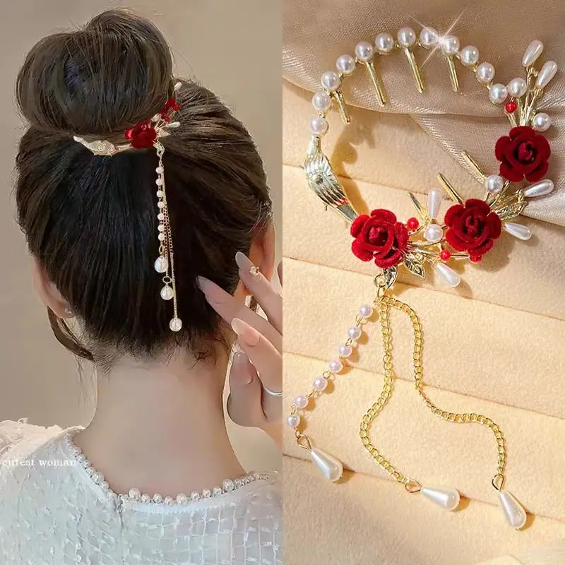 Nueva Perla Rosa flor borla Cola de Caballo Clip horquilla moño accesorio para el cabello