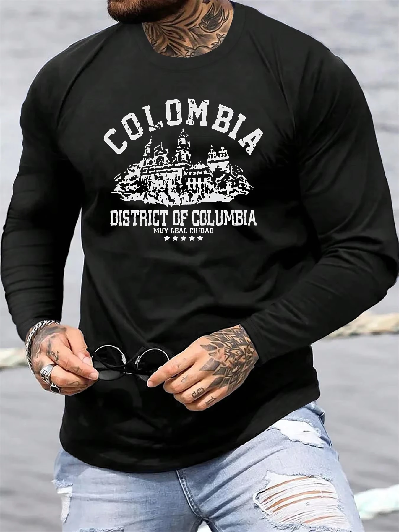 COLOMBIA Architectural Pattern Printed Men's T-shirt Spring and Summer Casual Sports Fashion Round Neck Long Sleeve Pullover Top