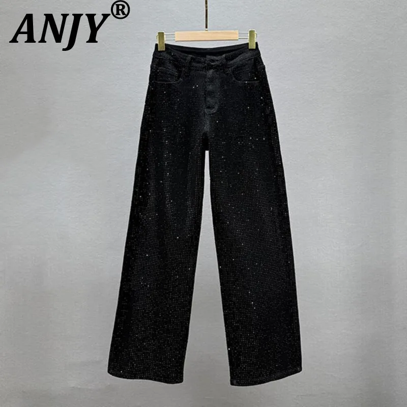

ANJY Autumn New Women High Street Chic Straight Denim Pants Ins Trendy Heavy Craft Studded Diamonds Elegant Slimming Jeans A8545