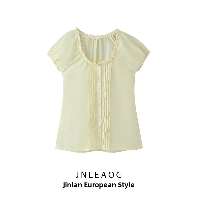 JNLEAOG Summer New Women's Fashion Bubble Sleeve Vintage Gathered Top Versatile Short Sleeve Polyester Skin-friendly Breathable