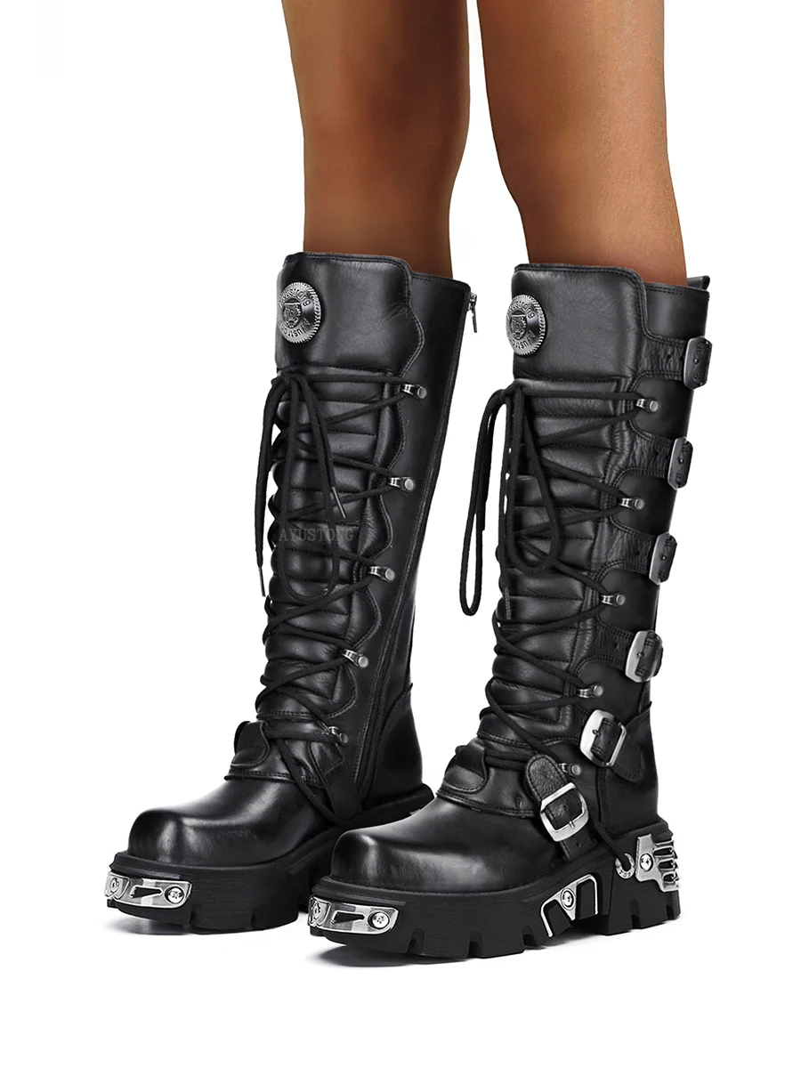 Rock Punk Motorcycle Boots Knee High Dark Style Round Toe Thick Bottom Genuine Leather Solid Color Fashion Sexy Women Shoes New