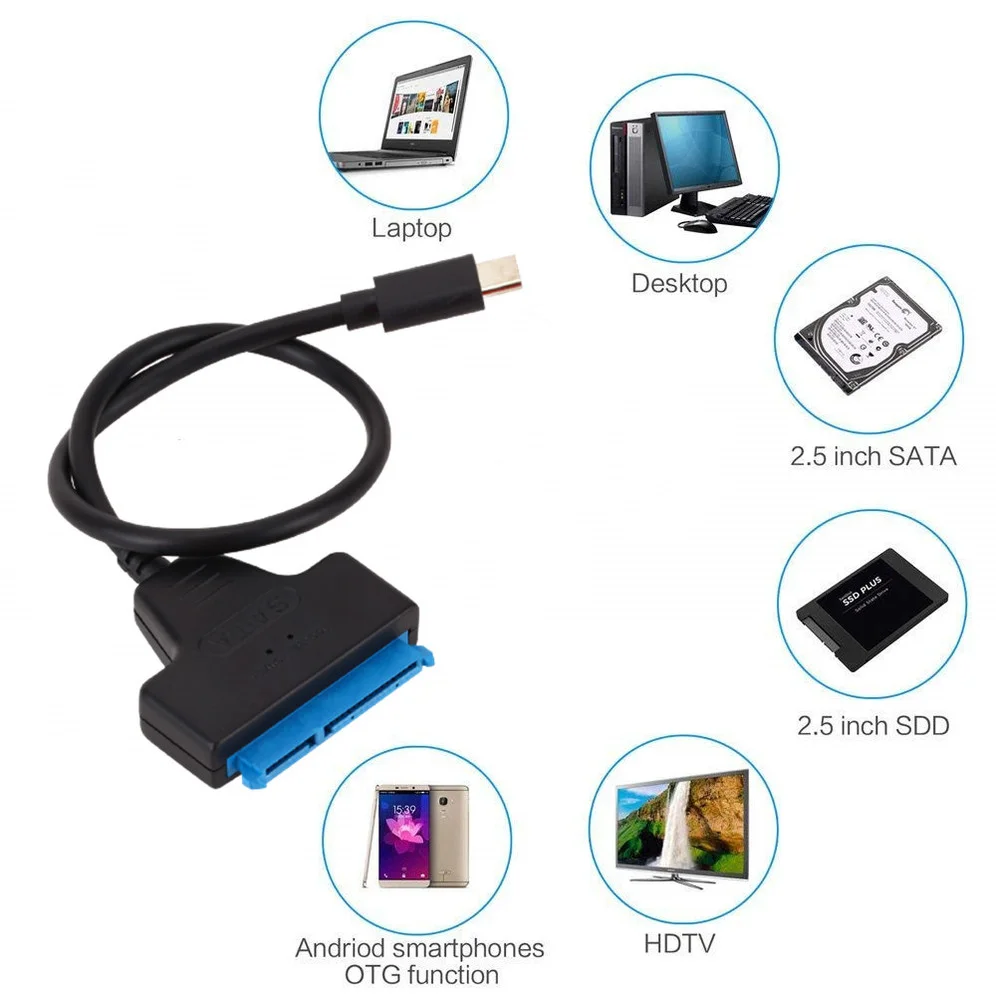 Adaptador SATA a USB C USB 3,1, Cable tipo C a SATA, transmisión de datos de alta velocidad de 6Gbps para disco duro HDD de 2,5 pulgadas, adaptador SATA