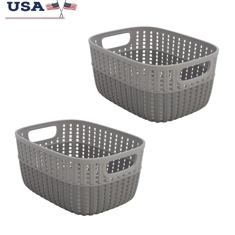 

2 Pack Decorative Plastic Storage Baskets Portable Lightweight with Handles Home Office Toy Magazine Closet Organization