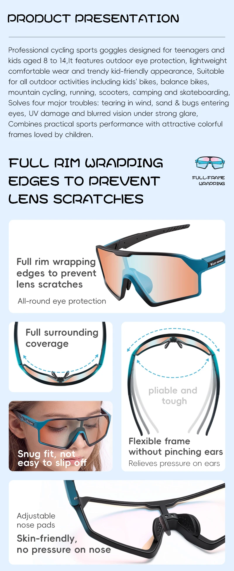 WEST BIKING Photochrome Fahrradbrille für Jungen und Mädchen, TR90 Sportsonnenbrille, UV400, mit flexiblem Rahmen und verstellbarem Nasenpolster – Detail 2
