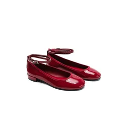 Burgundy Mary Jane Round Toe Flat Shoes Ankle Cross Straps Buckle Patent Leather Sandalias Planas Sandals Comfort Dress Party