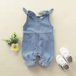 Newborn Baby Unisex Girl Boy Romper Bodysuit Cotton Denim Solid Tether Sling Button Baby One Piece For Baby Girl Boy 0-12 Months