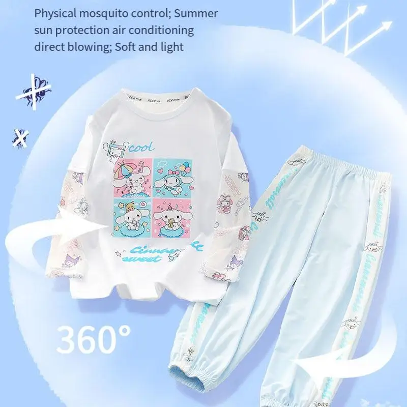 Sanrios My Melody-Conjunto de dos piezas para niña, traje de verano, camiseta, pantalones, Cinnamoroll, manga corta, protección solar, transpirable