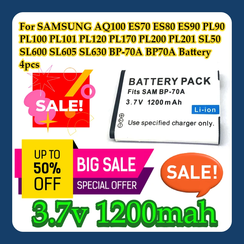 

For SAMSUNG AQ100 ES70 ES80 ES90 PL90 PL100 PL101 PL120 PL170 PL200 PL201 SL50 SL600 SL605 SL630 BP-70A BP70A Battery 4pcs
