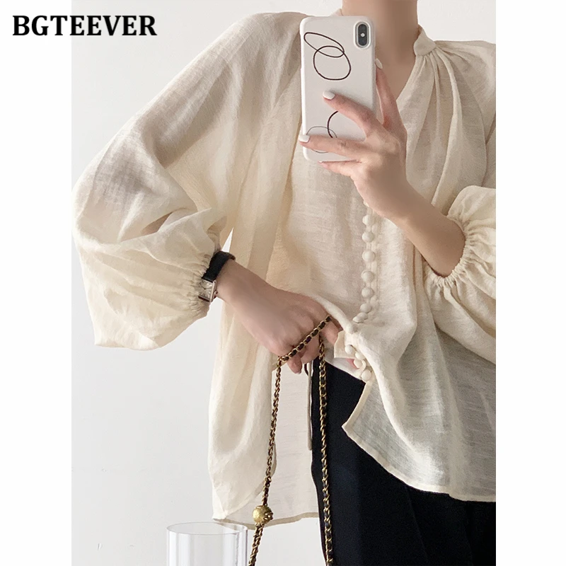 BGTEEVER Casual V-neck Loose Lace-up Women Shirts Tops Spring Autumn Stylish Lantern Sleeve Cotton Linen Women Blouses