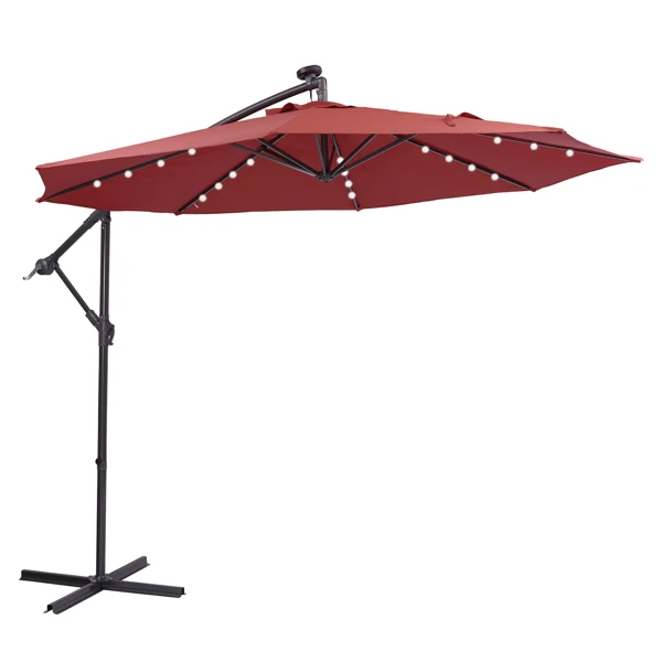 10 FT Solar LED Patio Outdoor Umbrella Hanging Cantilever Umbrella Offset Umbrella Easy Open Adustment with 32 LED Lights