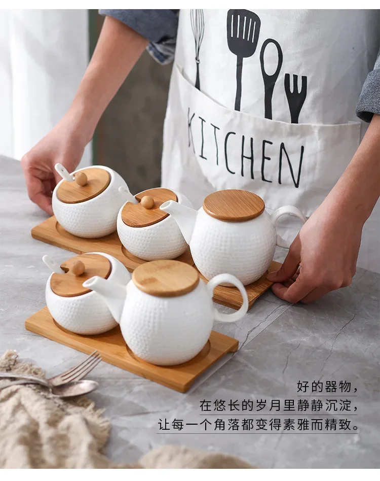 

Japanese Ceramic Seasoning Box Vinegar Pot Set Household Salt Sugar Chili Oil Restaurant Table Seasoning Seasoning Pot with Base