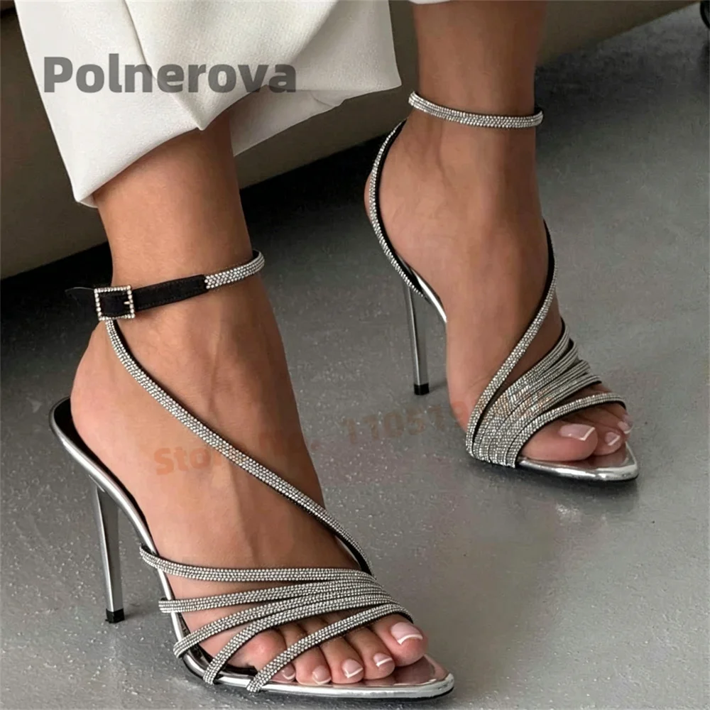 Multi Rhinestone Strappy Stiletto Sandals for Women Ankle Buckle Strap Open Pointed Toe High Heels Evening Party Shoes Summer