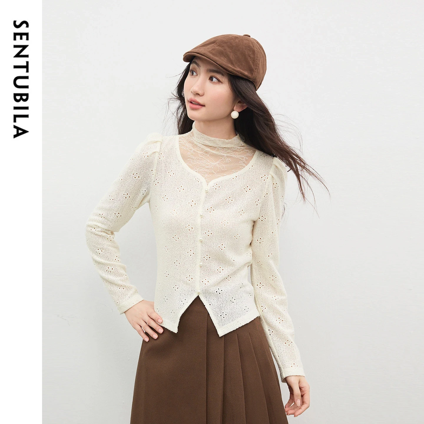 

Женская блузка SENTUBILA 2026, весенняя, с вырезами, пышными рукавами, полувысоким воротником, кружевная, шикарный офисный топ W61SB5997