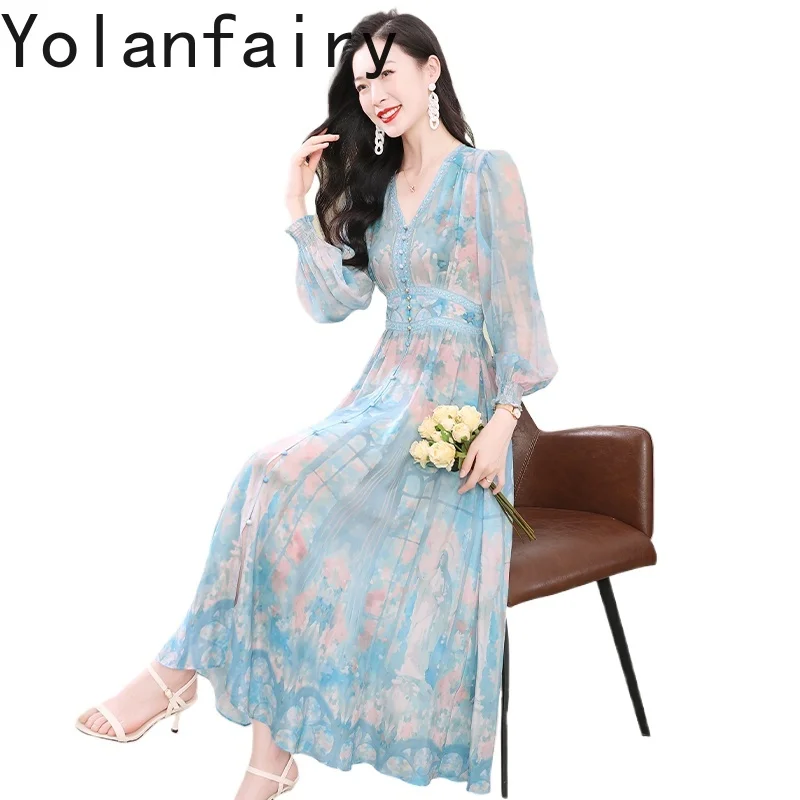 

YOLANFAIRY Легкие роскошные платья из 100% натурального шелка тутового шелка, женские осенние отпускные платья с длинными рукавами, элегантное синее платье с цветочным принтом