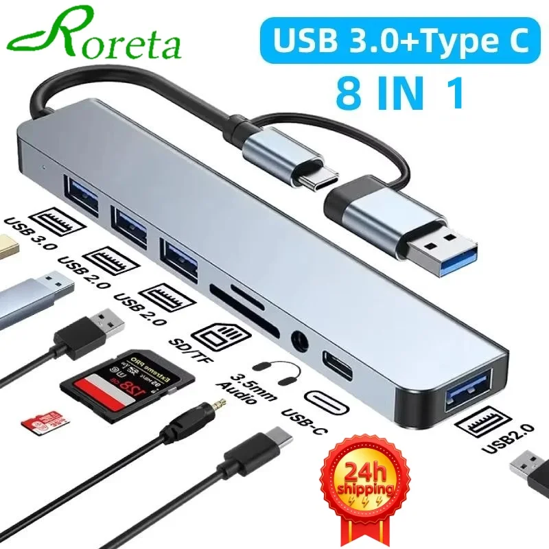 USB 3.0 Type C Adapter Docking Ststion USB 2.0 Port TF SD Card Reader Audio Output Multi-hub Splitter for Macbook Pro Computer