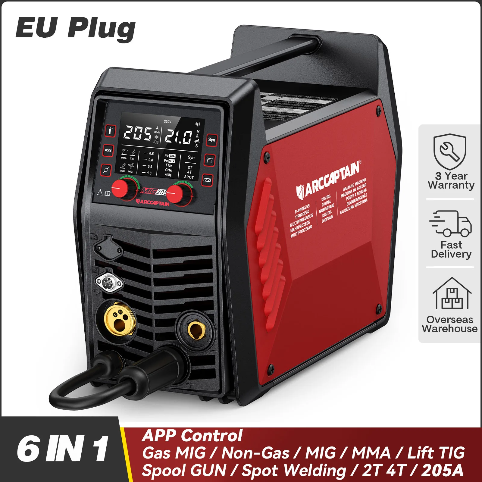 ARCCAPTAIN Machine à souder 6 en 1 avec contrôle par application IControl, 205A 220V, pour soudage MIG gaz, MIG fil fourré, MMA, TIG, soudage par points, avec pistolet à bobine, pour aluminium