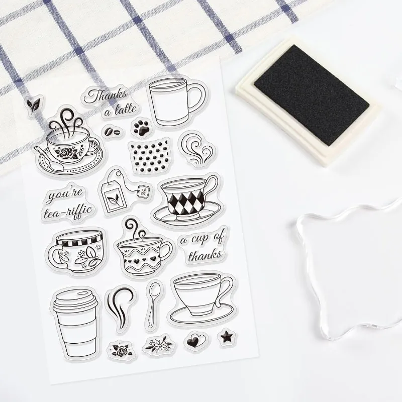 1Sheet Coffee Cup Silicone Clear Stamps with Flower and Spoon Pattern for Christmas Birthday Cards Making DIY Scrapbooking