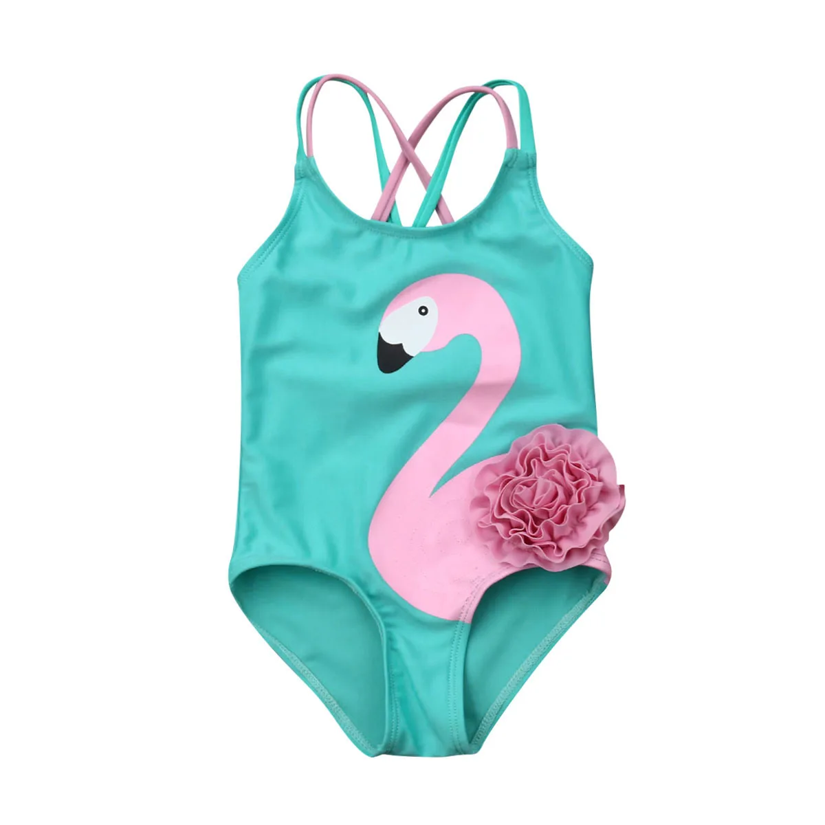 Toddler Little Girl  Bathing Suit Flamingo Flower Print Swimwear Sleeveless Round Neck Sunsuit Rash Guard