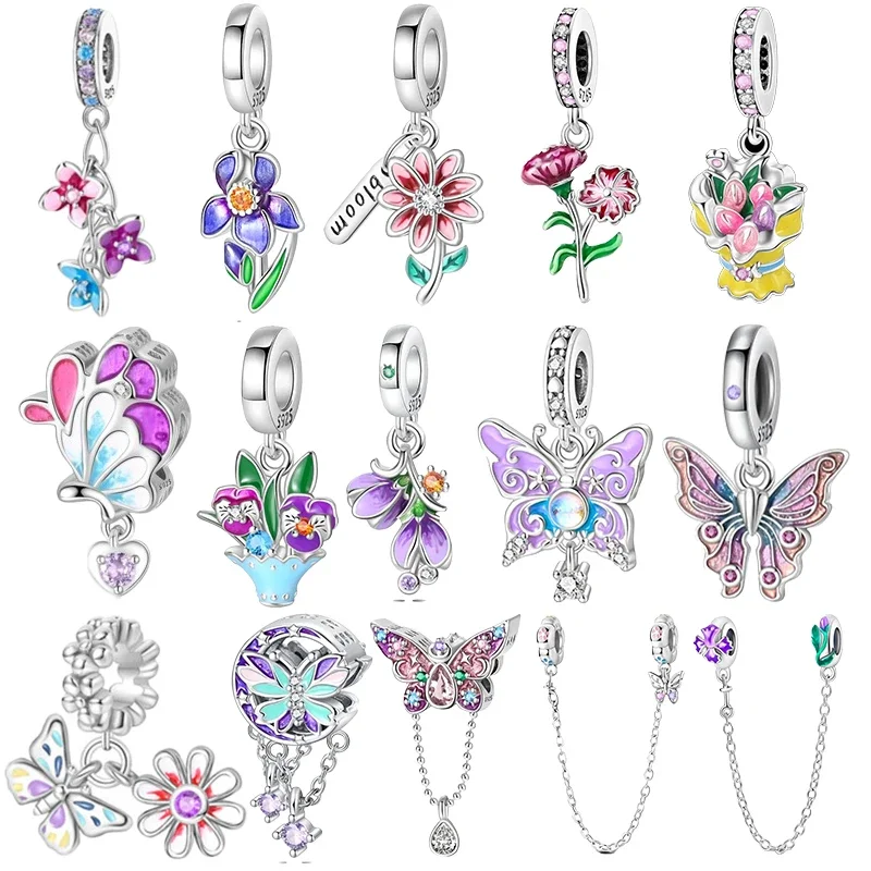 

925 Sterling Silver Exquisite Cubic Zircon Butterfly Flower Charms Bead Fit Pandora Original Bracelet Fine DIY Jewelry Making