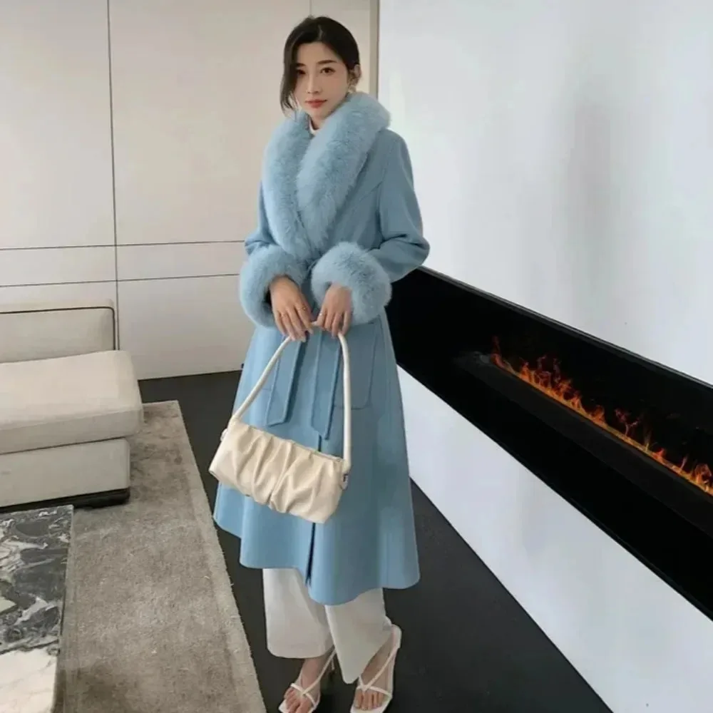 2024 Cashmere Woolen Coat Autumn Winter Women Style Fox Fur Coat Big Fur Collar Long Skirt Slim Long Jacket High Street