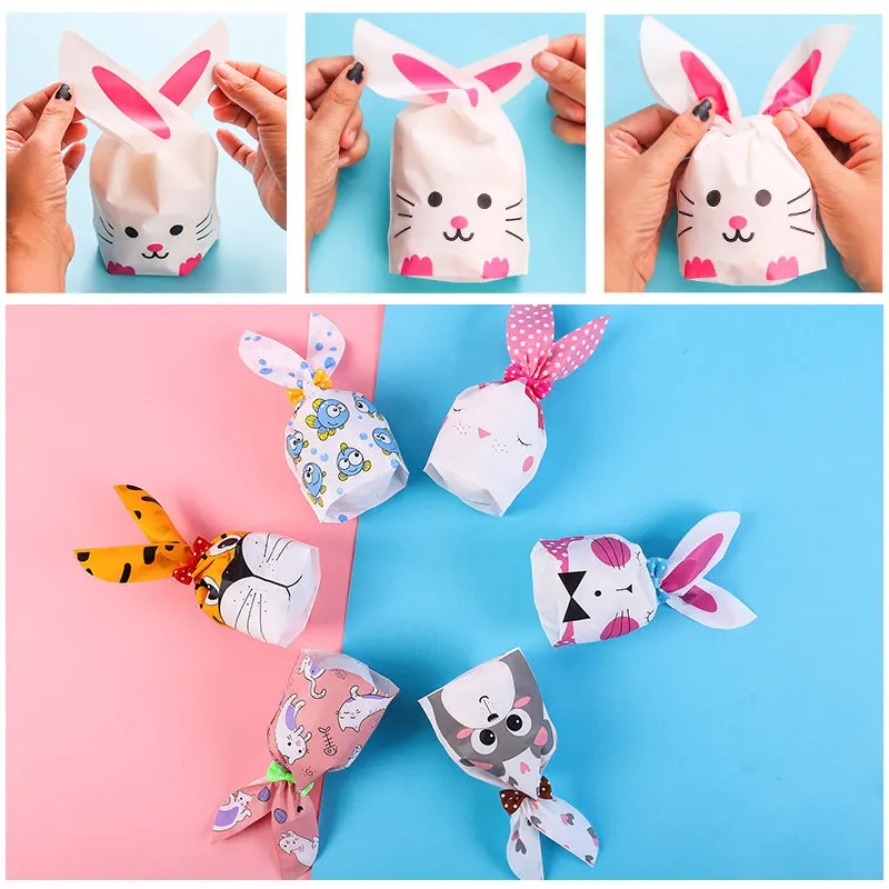 50 stücke Kunststoff Süßigkeiten Taschen Cookie Niedlichen Karton Kaninchen Ohr Taschen Kekse Snack Backen Verpackung Liefert Kinder Geschenke Großhandel