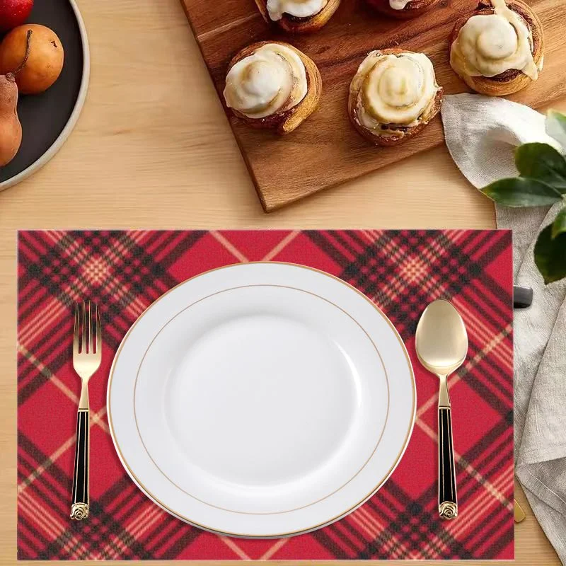 Classic Red Black Tartan Placemats Traditional Scottish Plaid Table Mat Waterproof Washable Holiday Farmhouse Dining Decor view 2