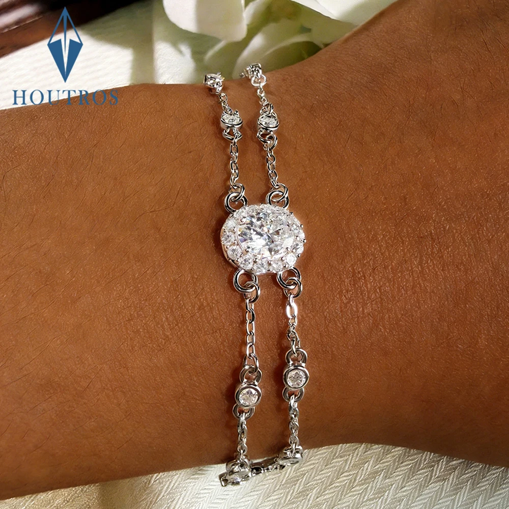 

Oval/Heart Cut All Moissanite Halo Diamond Bracelet 100% 925 Sterling Silver Adjustable Double Hand Chain for Women Jewelry Gift
