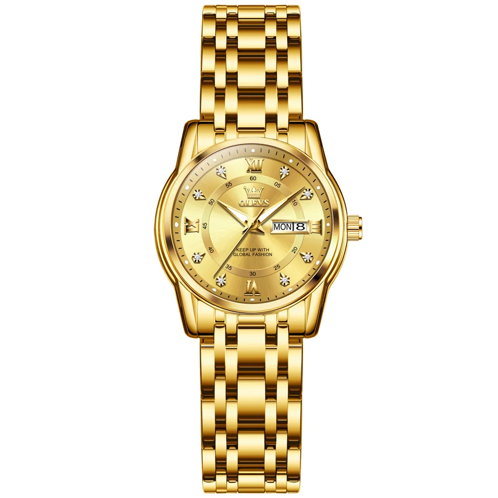 BINBOND Women's Watches 5176L Luxury Gold Fashion Original Quartz Watch for Lady Waterproof Luminous Date Week Stainless Steel