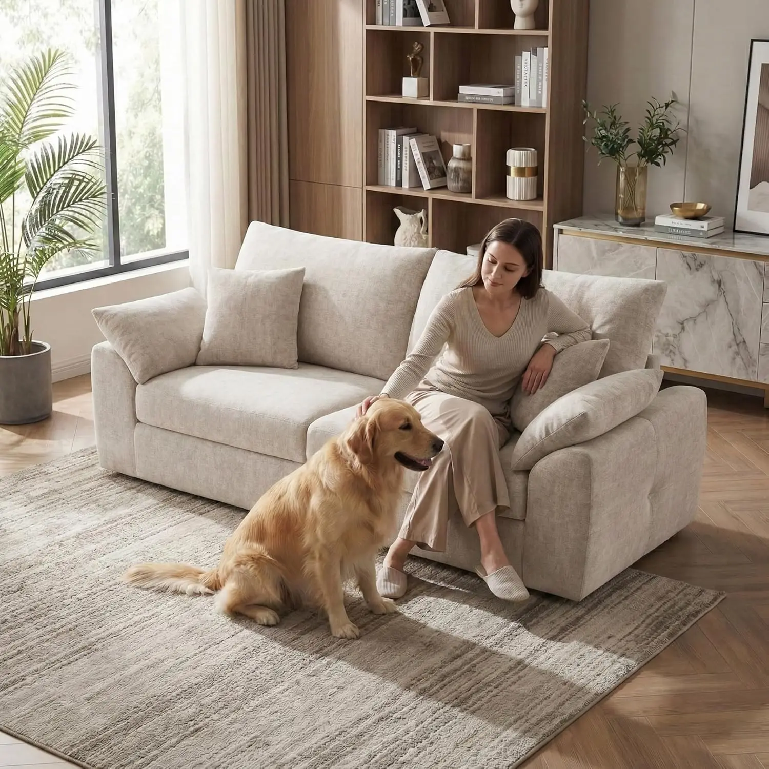 Modern Loveseat Sofa Mid Century Cloud Boneless 4 Pillows Small Living Room 89.8" No Assembly Camel Custom image 6