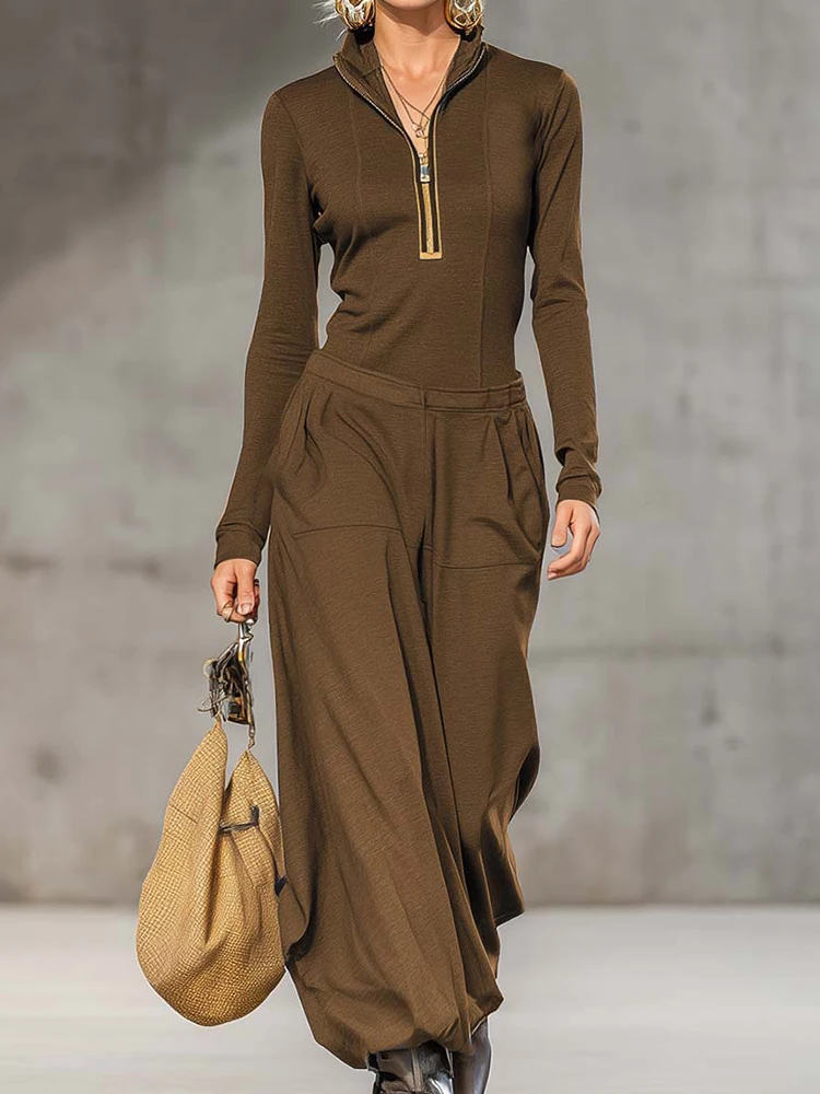 

2025 Autumn Patchwork Zipper Pullover Top with Wide Leg Pants Women Casual Long Sleeve Stand Collar Two-Piece Outfit for Holiday