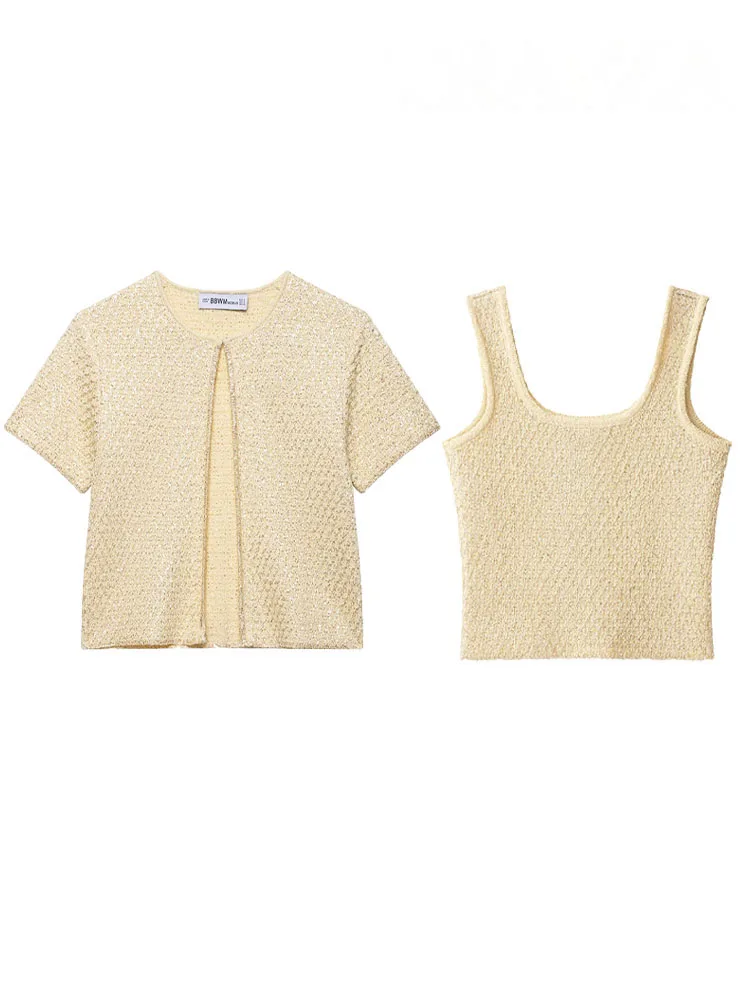 HH 3-farbige Damen-Sommermode-Oberteile, solide O-Ausschnitt, kurze Ärmel, Strickjacke + ärmelloses kurzes Oberteil, weibliche beiläufige dünne Oberteile